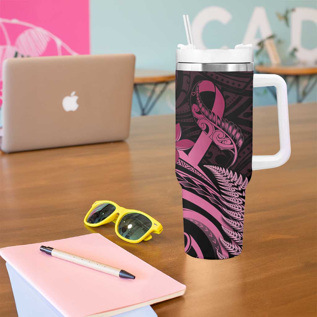 Aotearoa Maori Tumbler With Handle Pink Fern Ribbons on Black - Polynesian Pride