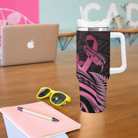 Aotearoa Maori Tumbler With Handle Pink Fern Ribbons on Black - Polynesian Pride