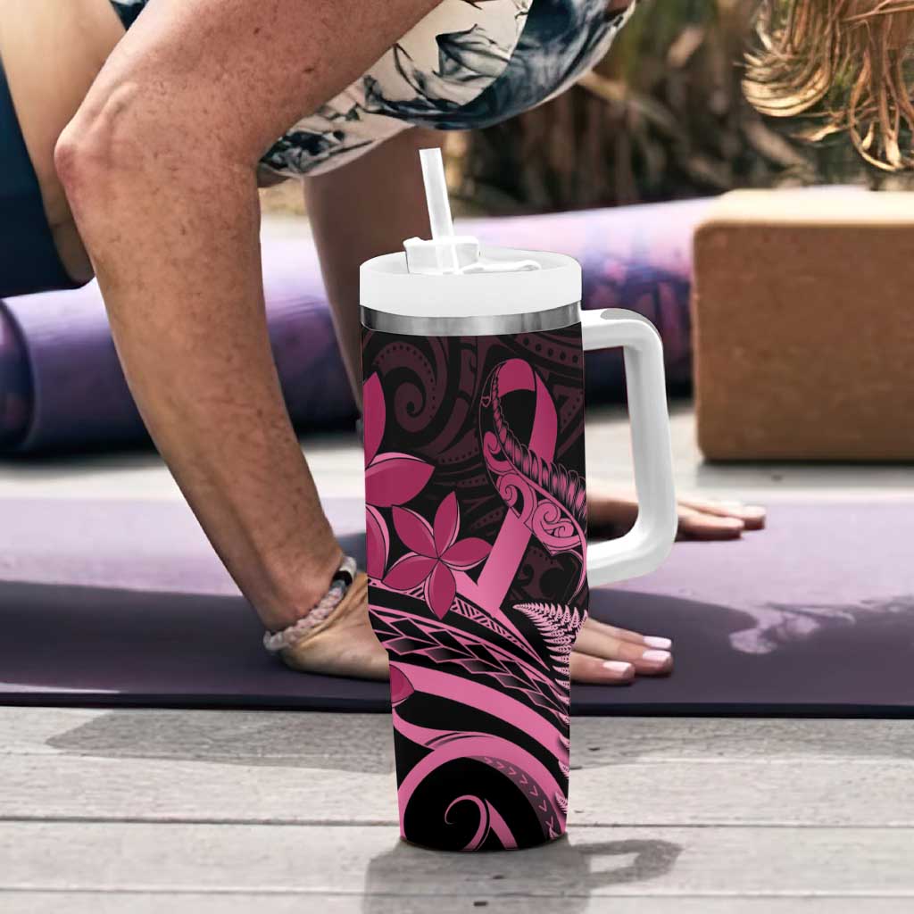 Aotearoa Maori Tumbler With Handle Pink Fern Ribbons on Black - Polynesian Pride