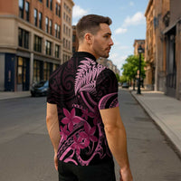 Aotearoa Maori Zipper Polo Shirt Pink Fern Ribbons on Black - Polynesian Pride