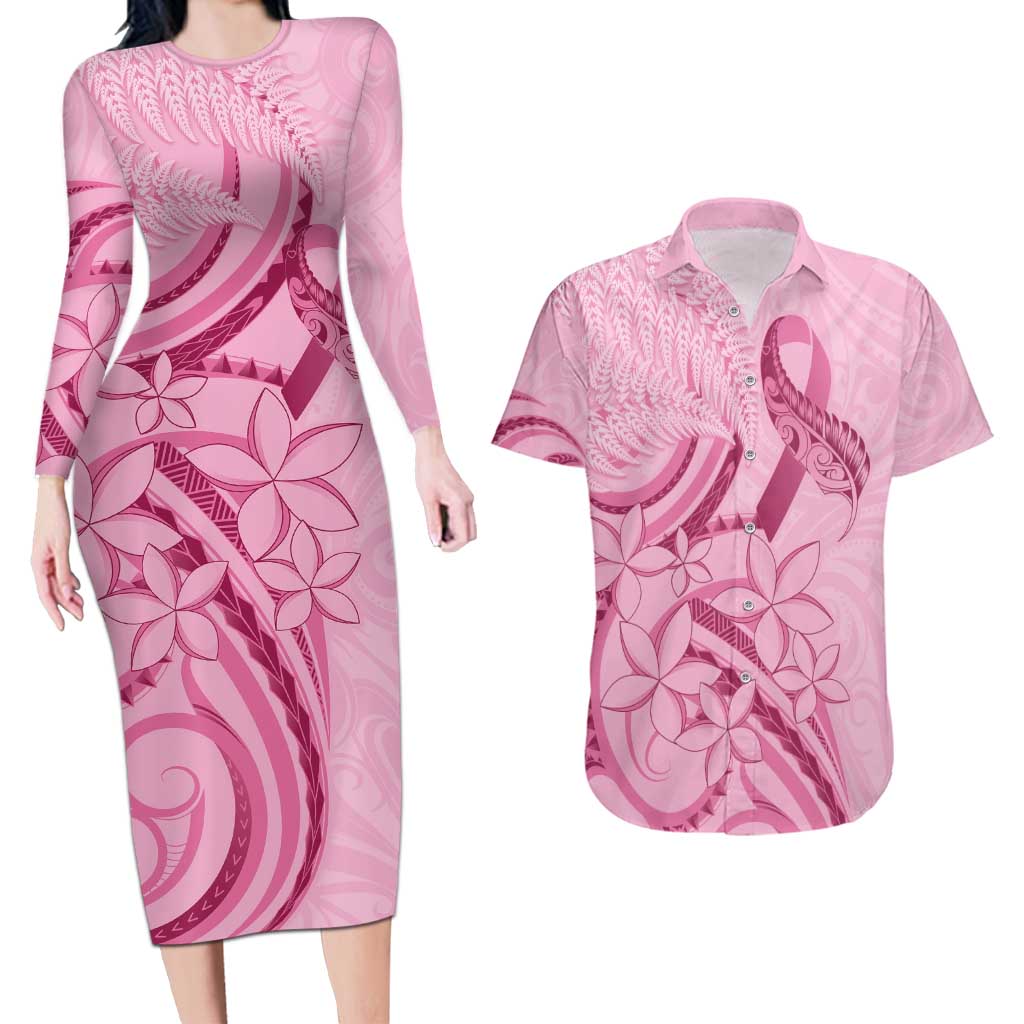 Aotearoa Maori Couples Matching Long Sleeve Bodycon Dress and Hawaiian Shirt Pink Fern Ribbons LT7 Pink - Polynesian Pride