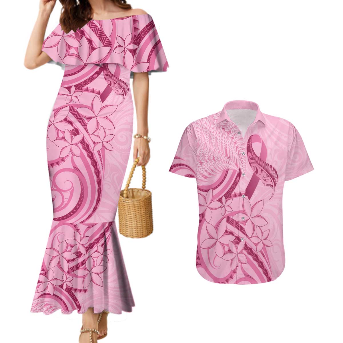 Aotearoa Maori Couples Matching Mermaid Dress and Hawaiian Shirt Pink Fern Ribbons LT7 Pink - Polynesian Pride