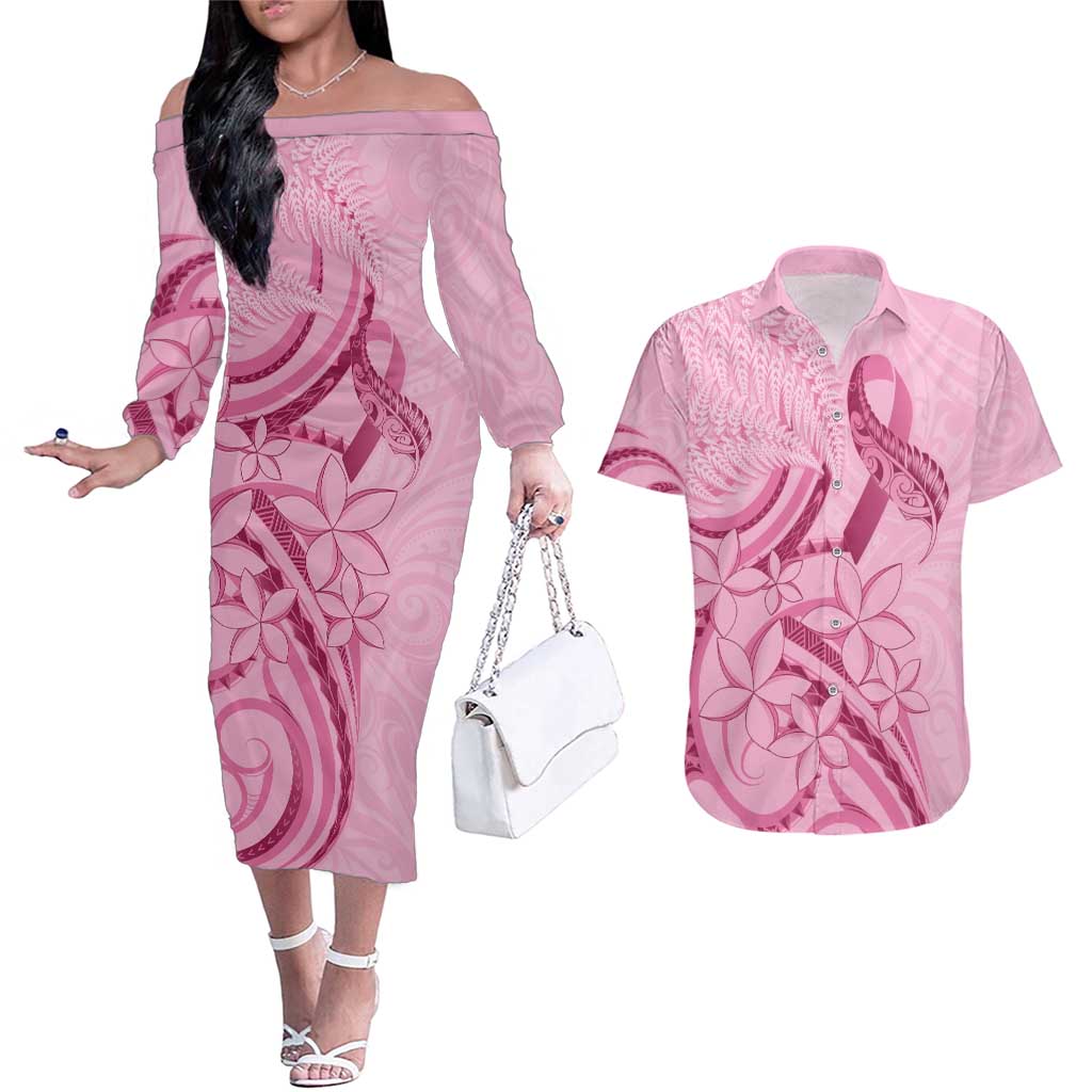Aotearoa Maori Couples Matching Off The Shoulder Long Sleeve Dress and Hawaiian Shirt Pink Fern Ribbons LT7 Pink - Polynesian Pride