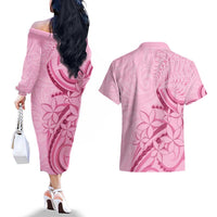 Aotearoa Maori Couples Matching Off The Shoulder Long Sleeve Dress and Hawaiian Shirt Pink Fern Ribbons LT7 - Polynesian Pride