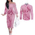 Aotearoa Maori Couples Matching Off The Shoulder Long Sleeve Dress and Long Sleeve Button Shirt Pink Fern Ribbons - Polynesian Pride
