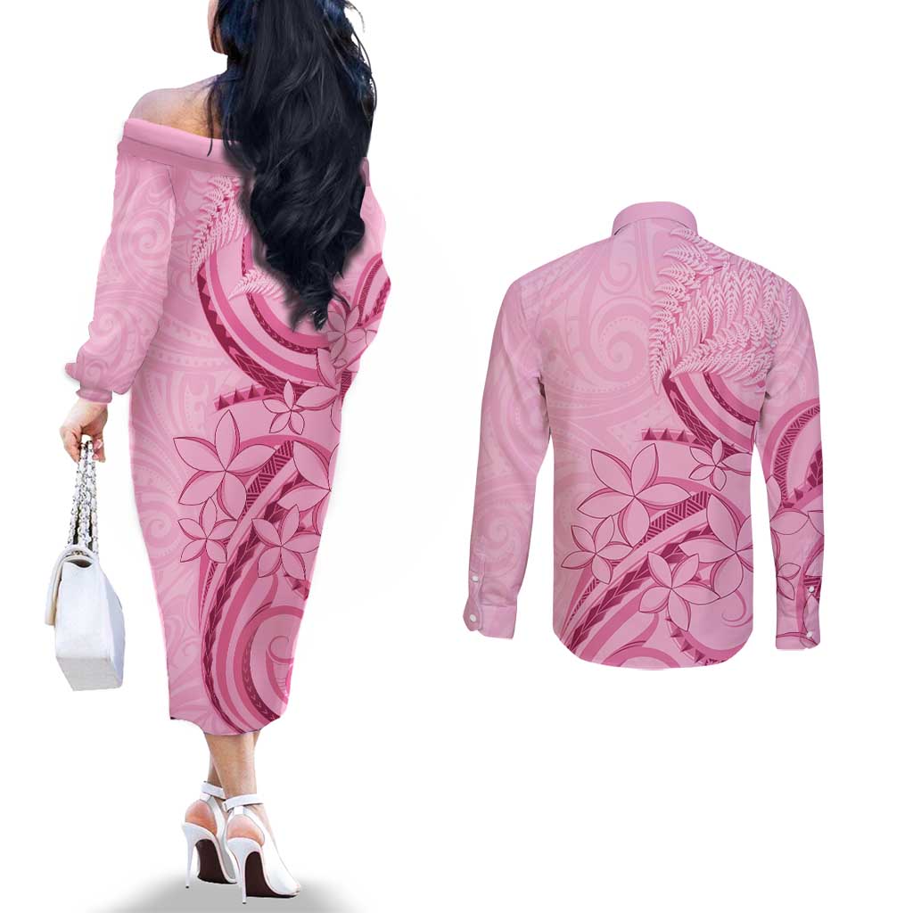 Aotearoa Maori Couples Matching Off The Shoulder Long Sleeve Dress and Long Sleeve Button Shirt Pink Fern Ribbons LT7 - Polynesian Pride