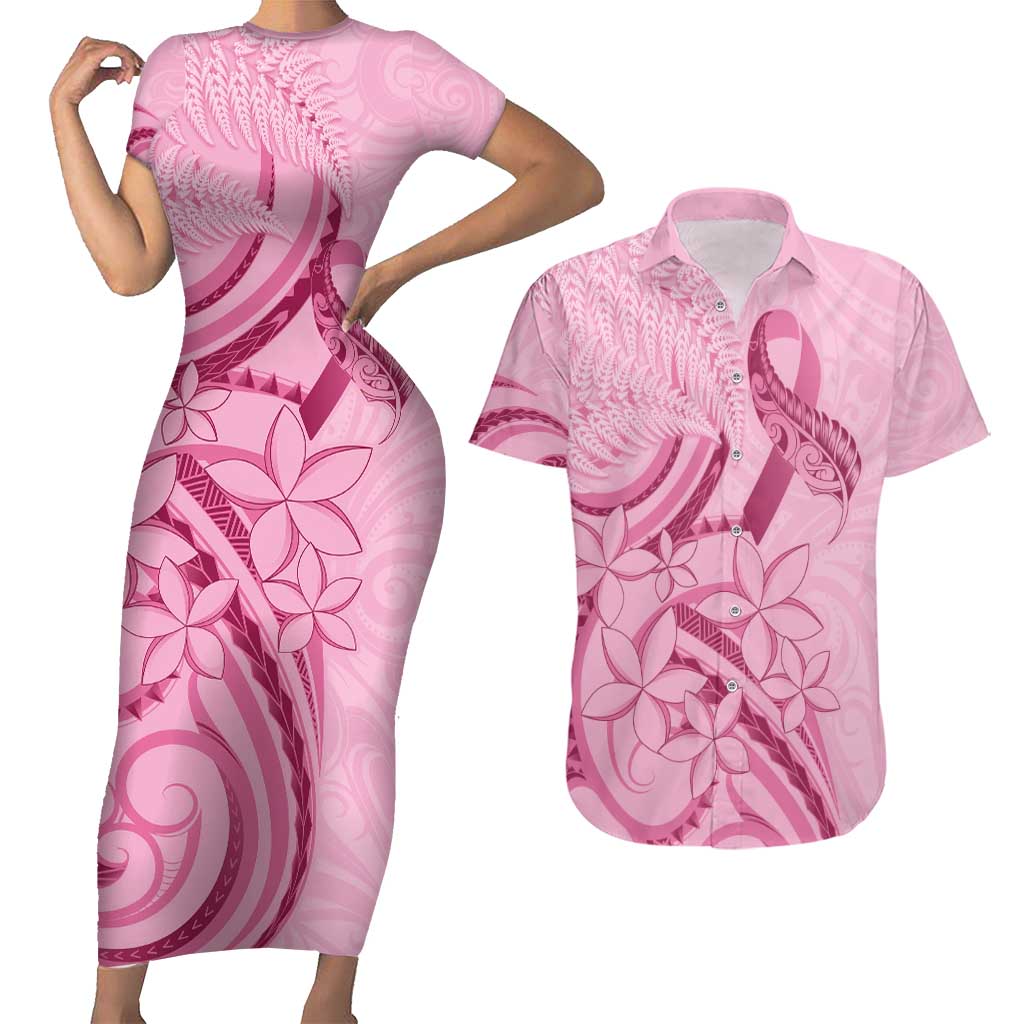 Aotearoa Maori Couples Matching Short Sleeve Bodycon Dress and Hawaiian Shirt Pink Fern Ribbons LT7 Pink - Polynesian Pride