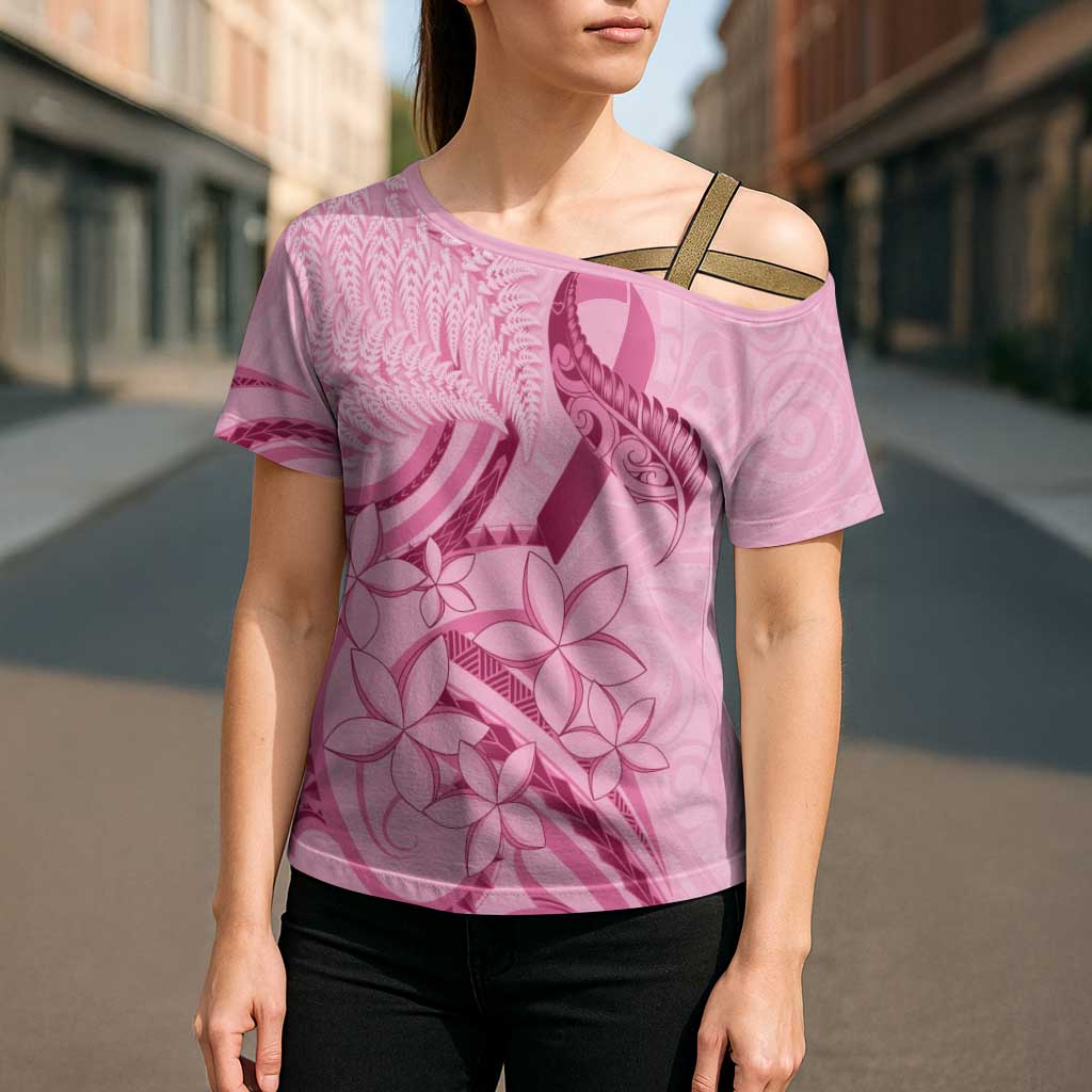 Aotearoa Maori Cross Shoulder Shirt Pink Fern Ribbons - Polynesian Pride