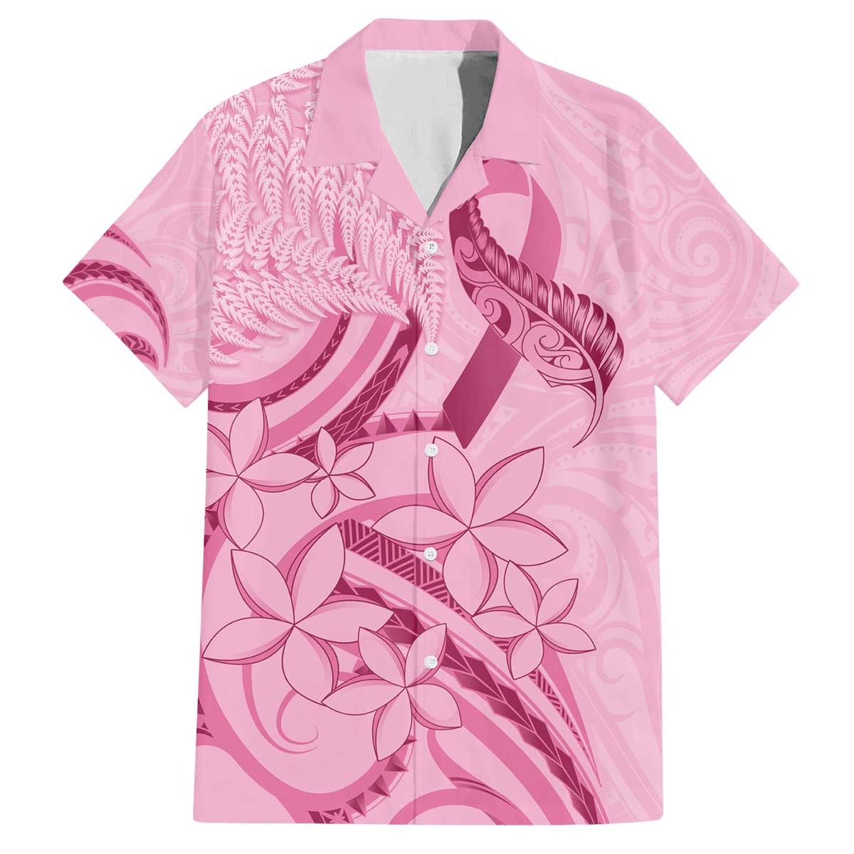 Aotearoa Maori Family Matching Off The Shoulder Long Sleeve Dress and Hawaiian Shirt Pink Fern Ribbons LT7 Dad's Shirt - Short Sleeve Pink - Polynesian Pride