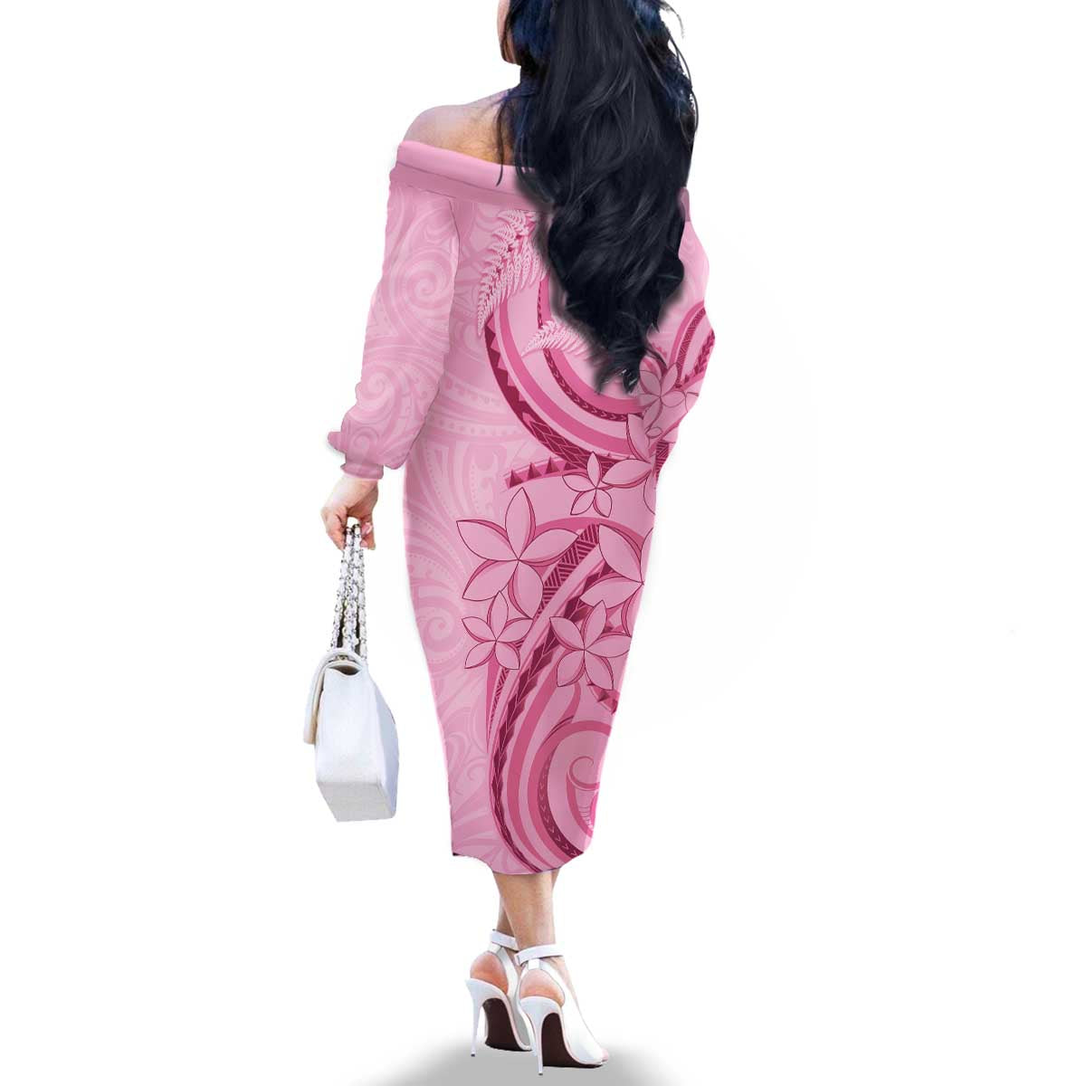 Aotearoa Maori Family Matching Off The Shoulder Long Sleeve Dress and Hawaiian Shirt Pink Fern Ribbons LT7 - Polynesian Pride