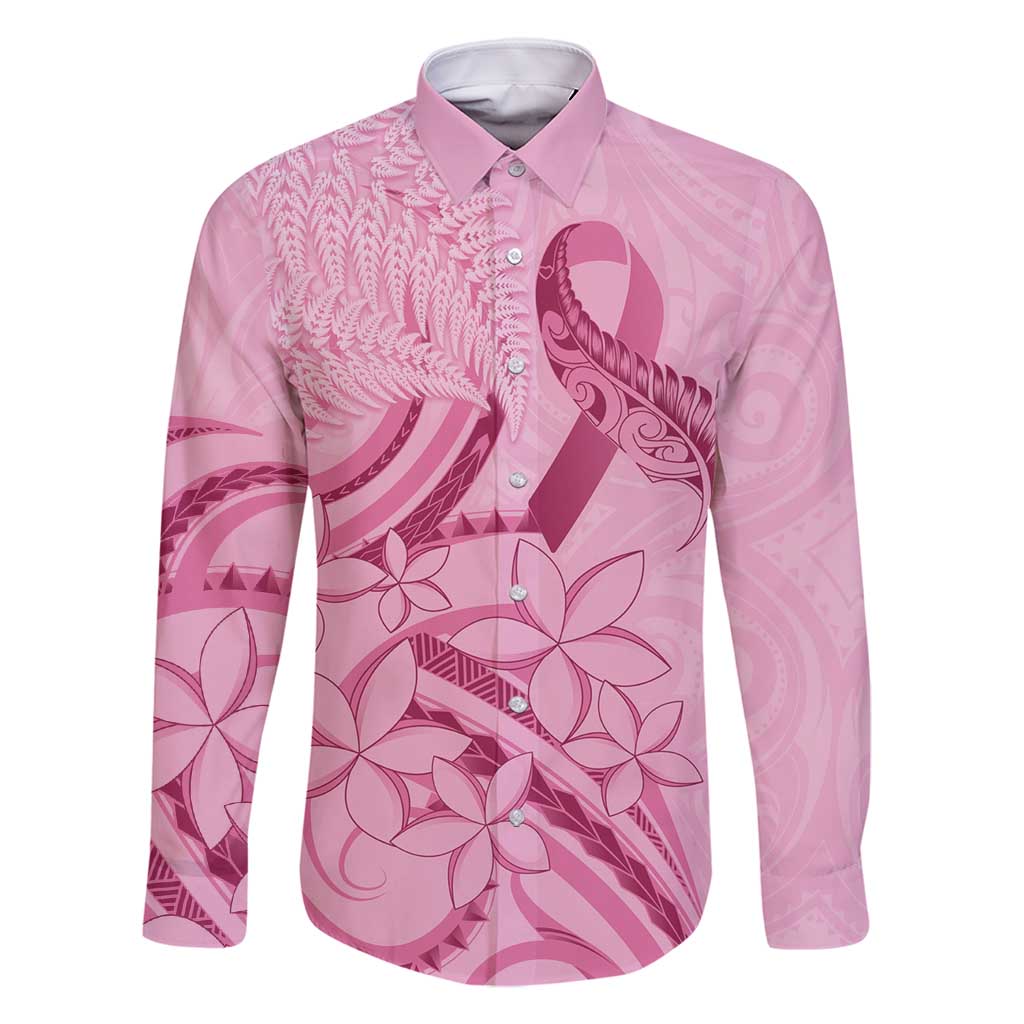 Aotearoa Maori Family Matching Off Shoulder Maxi Dress and Hawaiian Shirt Pink Fern Ribbons LT7 Dad's Shirt - Long Sleeve Pink - Polynesian Pride
