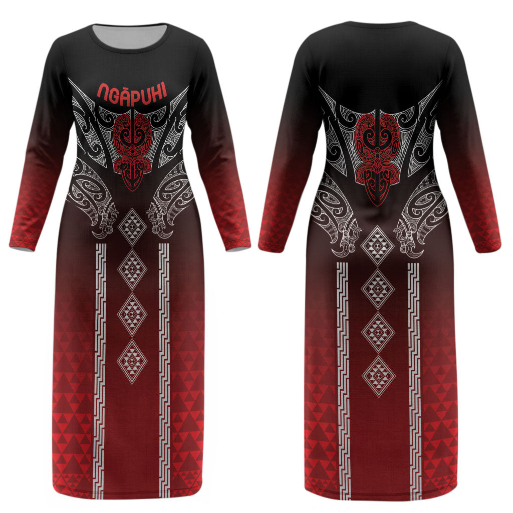 Aotearoa Maori Iwi Heritage Couples Matching Long Sleeve Bodycon Dress and Hawaiian Shirt Ngapuhi Kokowai LT7 - Polynesian Pride