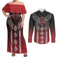 Aotearoa Maori Iwi Heritage Couples Matching Off Shoulder Maxi Dress and Long Sleeve Button Shirt Ngapuhi Kokowai LT7 Red - Polynesian Pride