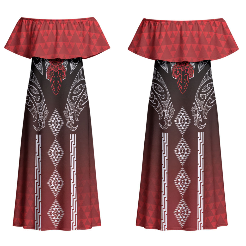 Aotearoa Maori Iwi Heritage Couples Matching Off Shoulder Maxi Dress and Long Sleeve Button Shirt Ngapuhi Kokowai LT7 - Polynesian Pride