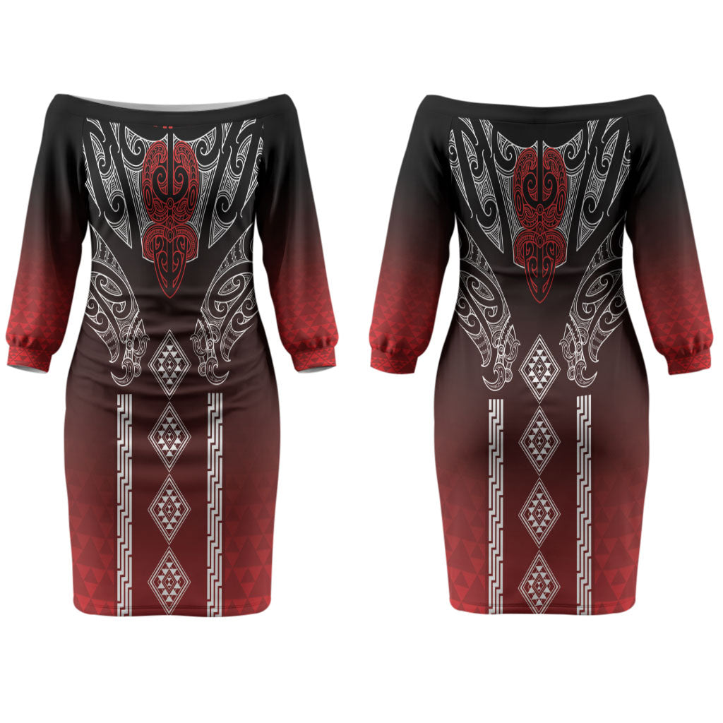 Aotearoa Maori Iwi Heritage Couples Matching Off The Shoulder Long Sleeve Dress and Hawaiian Shirt Ngapuhi Kokowai LT7 - Polynesian Pride