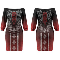 Aotearoa Maori Iwi Heritage Couples Matching Off The Shoulder Long Sleeve Dress and Long Sleeve Button Shirt Ngapuhi Kokowai LT7 - Polynesian Pride