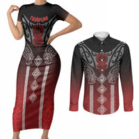 Aotearoa Maori Iwi Heritage Couples Matching Short Sleeve Bodycon Dress and Long Sleeve Button Shirt Ngapuhi Kokowai LT7 Red - Polynesian Pride