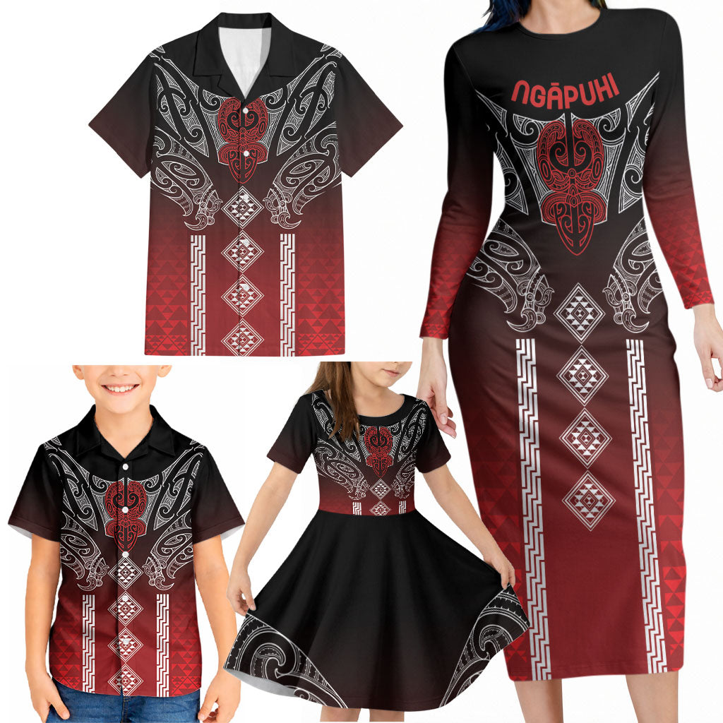 Aotearoa Maori Iwi Heritage Family Matching Long Sleeve Bodycon Dress and Hawaiian Shirt Ngapuhi Kokowai LT7 - Polynesian Pride
