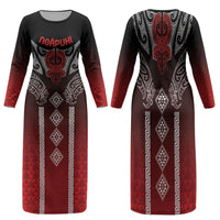 Aotearoa Maori Iwi Heritage Family Matching Long Sleeve Bodycon Dress and Hawaiian Shirt Ngapuhi Kokowai LT7 Mom's Dress Red - Polynesian Pride