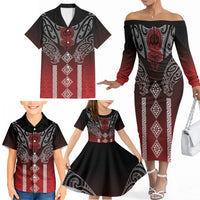 Aotearoa Maori Iwi Heritage Family Matching Off The Shoulder Long Sleeve Dress and Hawaiian Shirt Ngapuhi Kokowai LT7 - Polynesian Pride