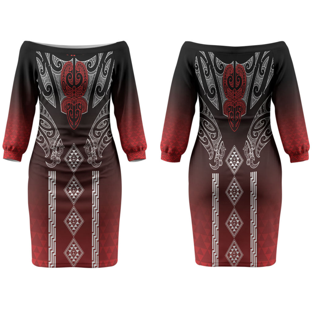 Aotearoa Maori Iwi Heritage Family Matching Off The Shoulder Long Sleeve Dress and Hawaiian Shirt Ngapuhi Kokowai LT7 Mom's Dress Red - Polynesian Pride