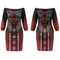 Aotearoa Maori Iwi Heritage Family Matching Off The Shoulder Long Sleeve Dress and Hawaiian Shirt Ngapuhi Kokowai LT7 Mom's Dress Red - Polynesian Pride