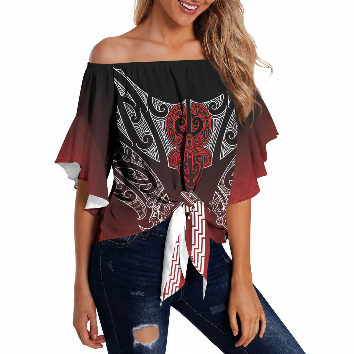 Aotearoa Maori Iwi Heritage Off Shoulder Wrap Waist Top Ngapuhi Kokowai LT7 Red - Polynesian Pride
