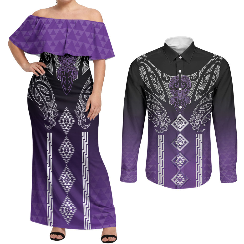 Aotearoa Maori Iwi Heritage Couples Matching Off Shoulder Maxi Dress and Long Sleeve Button Shirt Ngati Porou Waiporoporo LT7 Purple - Polynesian Pride
