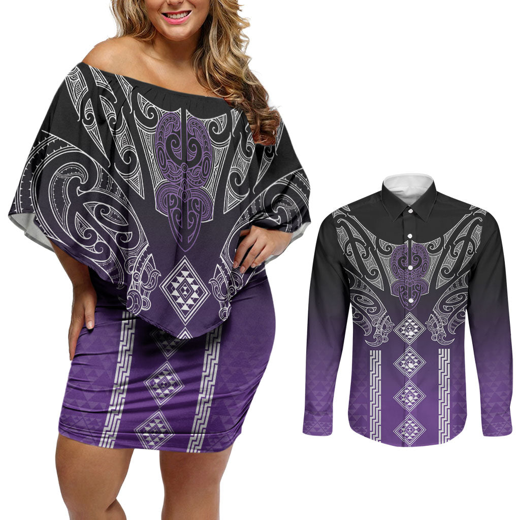 Aotearoa Maori Iwi Heritage Couples Matching Off Shoulder Short Dress and Long Sleeve Button Shirt Ngati Porou Waiporoporo LT7 Purple - Polynesian Pride