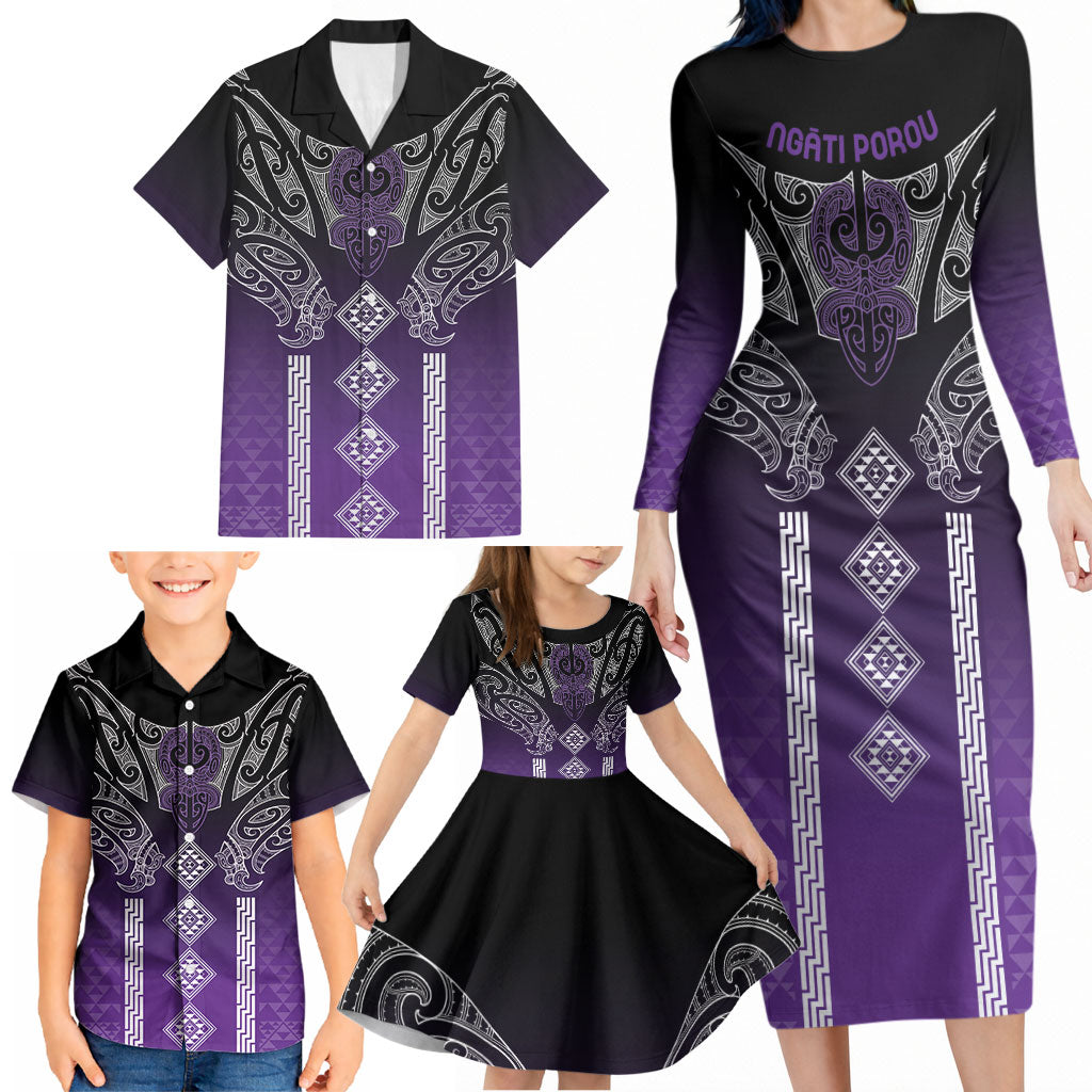 Aotearoa Maori Iwi Heritage Family Matching Long Sleeve Bodycon Dress and Hawaiian Shirt Ngati Porou Waiporoporo LT7 - Polynesian Pride