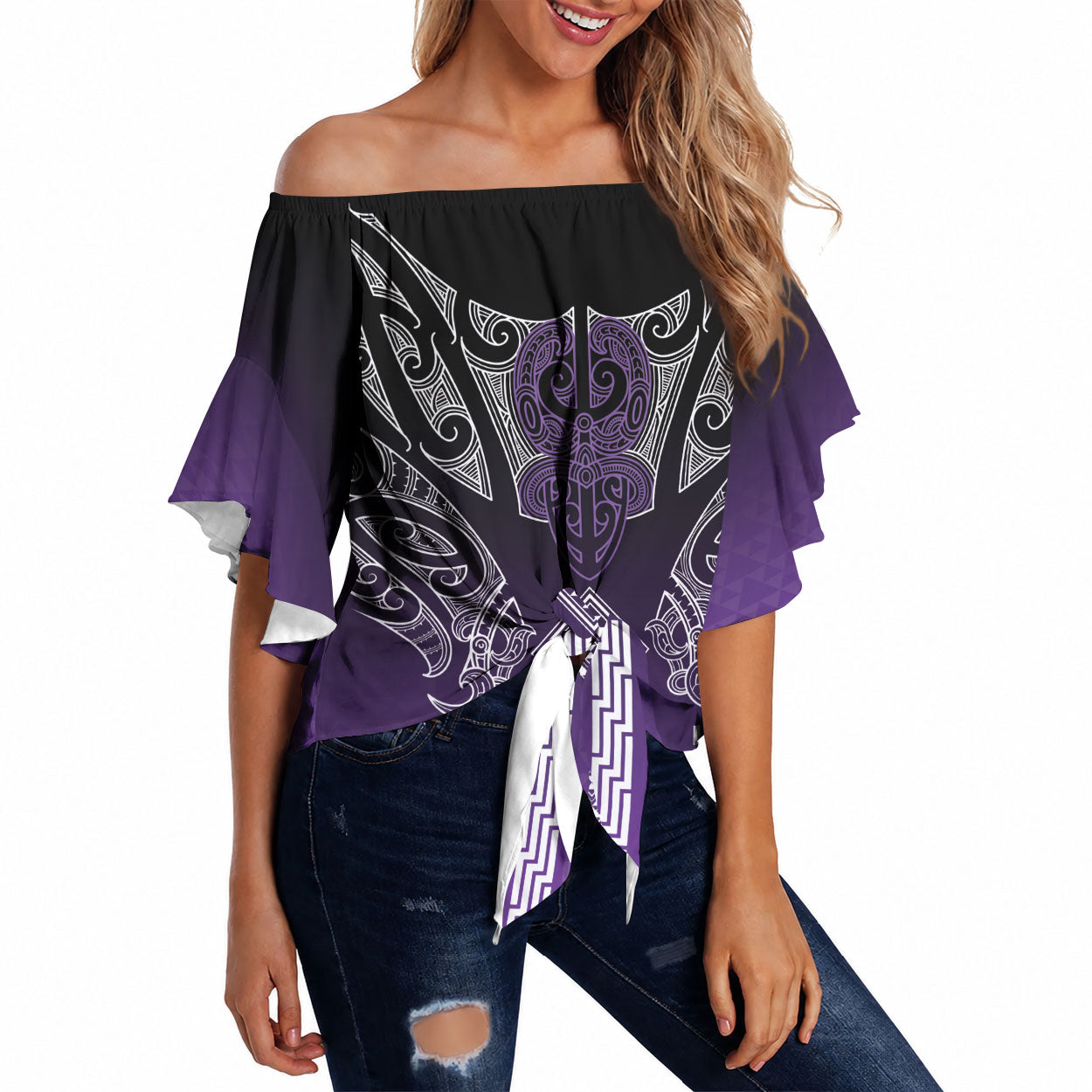 Aotearoa Maori Iwi Heritage Off Shoulder Wrap Waist Top Ngati Porou Waiporoporo
