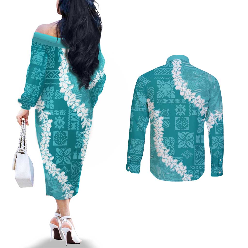 Hawaii Aloha Couples Matching Off The Shoulder Long Sleeve Dress and Long Sleeve Button Shirt Teal Quilt Patch Work Mix Plumeria Lei