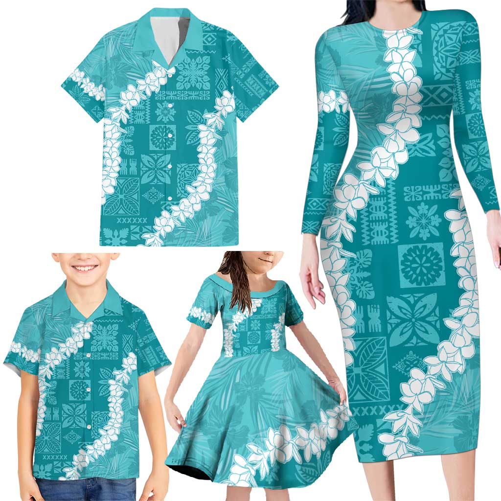 Hawaii Aloha Family Matching Long Sleeve Bodycon Dress and Hawaiian Shirt Teal Quilt Patch Work Mix Plumeria Lei LT7 - Polynesian Pride