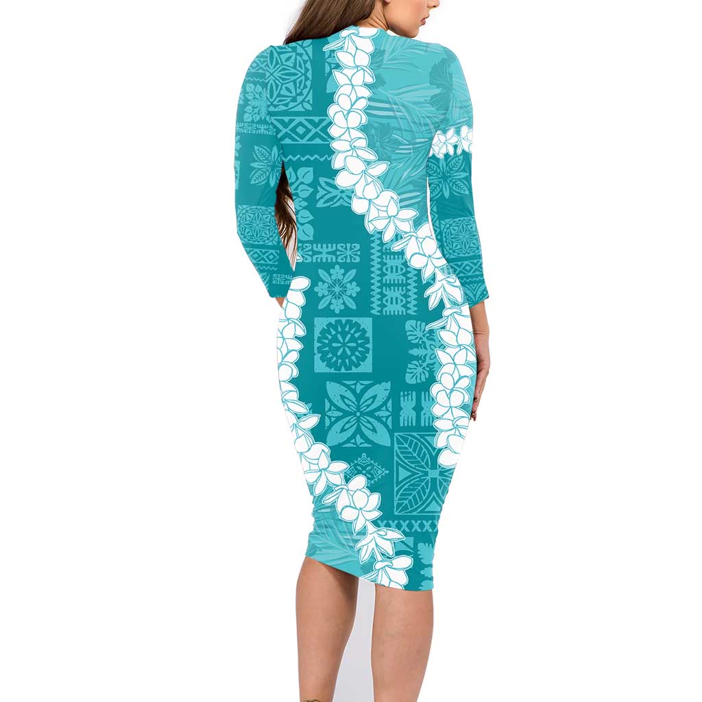 Hawaii Aloha Family Matching Long Sleeve Bodycon Dress and Hawaiian Shirt Teal Quilt Patch Work Mix Plumeria Lei LT7 - Polynesian Pride