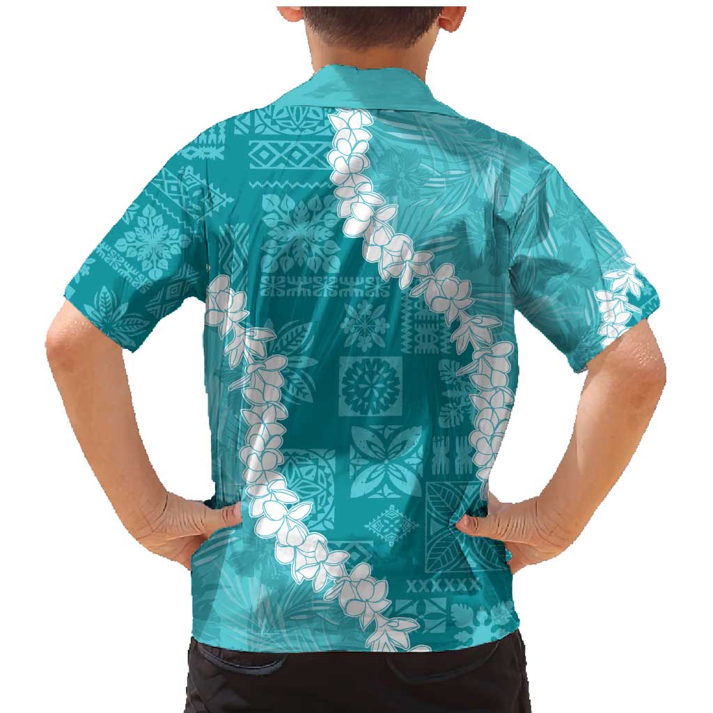 Hawaii Aloha Family Matching Mermaid Dress and Hawaiian Shirt Teal Quilt Patch Work Mix Plumeria Lei LT7 - Polynesian Pride
