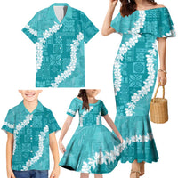 Hawaii Aloha Family Matching Mermaid Dress and Hawaiian Shirt Teal Quilt Patch Work Mix Plumeria Lei LT7 - Polynesian Pride