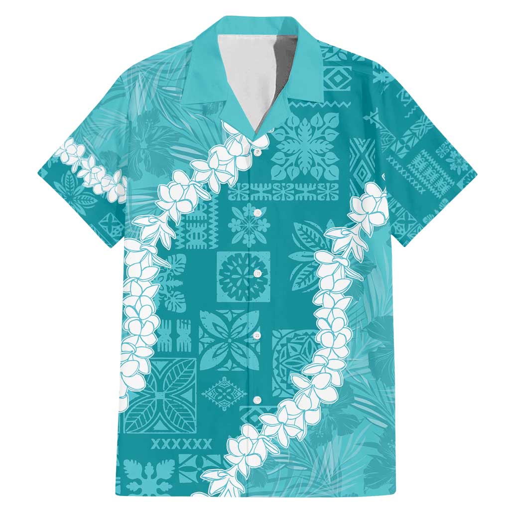 Hawaii Aloha Family Matching Mermaid Dress and Hawaiian Shirt Teal Quilt Patch Work Mix Plumeria Lei LT7 Dad's Shirt - Short Sleeve Teal - Polynesian Pride