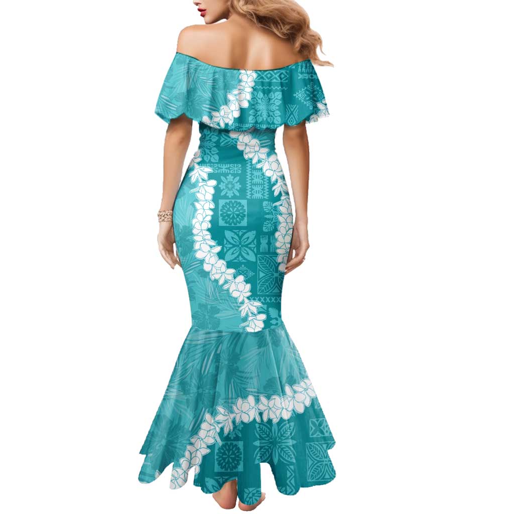 Hawaii Aloha Family Matching Mermaid Dress and Hawaiian Shirt Teal Quilt Patch Work Mix Plumeria Lei LT7 - Polynesian Pride