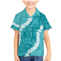 Hawaii Aloha Family Matching Mermaid Dress and Hawaiian Shirt Teal Quilt Patch Work Mix Plumeria Lei LT7 Son's Shirt Teal - Polynesian Pride