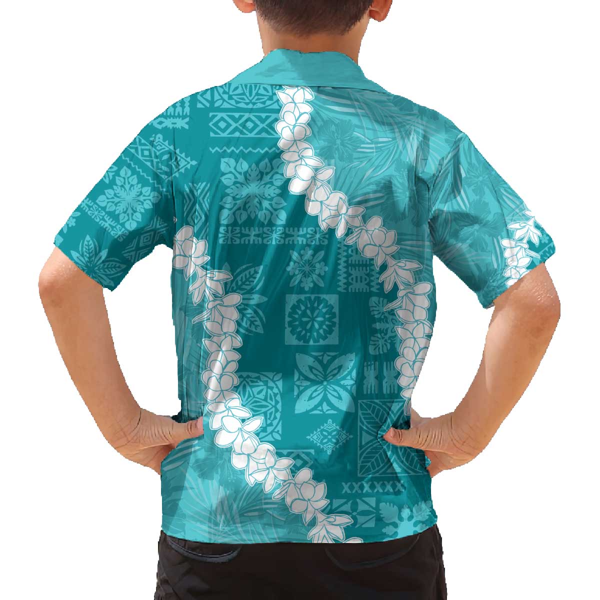 Hawaii Aloha Family Matching Off The Shoulder Long Sleeve Dress and Hawaiian Shirt Teal Quilt Patch Work Mix Plumeria Lei LT7 - Polynesian Pride