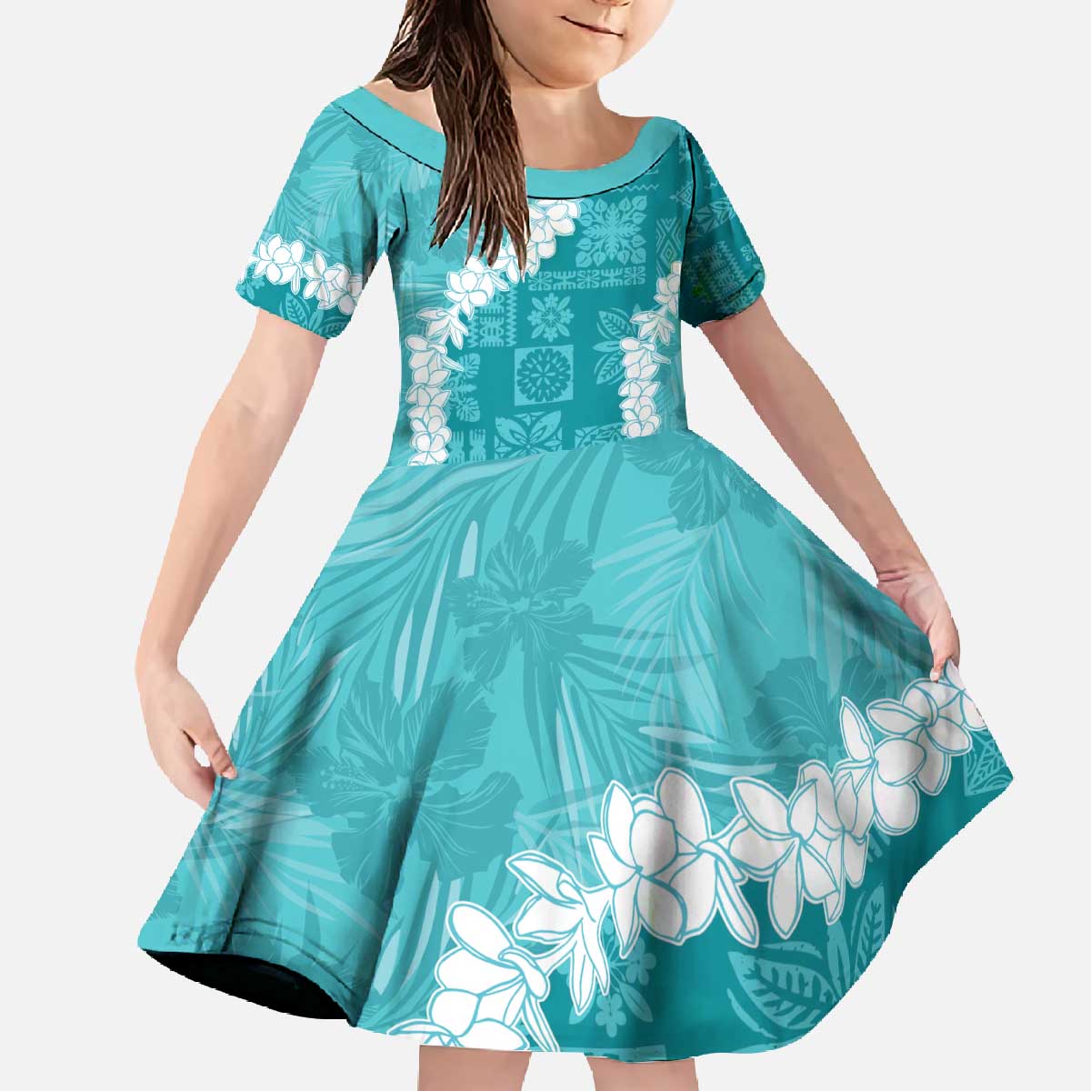 Hawaii Aloha Family Matching Off The Shoulder Long Sleeve Dress and Hawaiian Shirt Teal Quilt Patch Work Mix Plumeria Lei LT7 Daughter's Dress Teal - Polynesian Pride