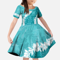 Hawaii Aloha Family Matching Off The Shoulder Long Sleeve Dress and Hawaiian Shirt Teal Quilt Patch Work Mix Plumeria Lei LT7 Daughter's Dress Teal - Polynesian Pride