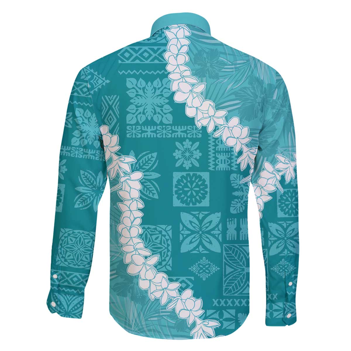Hawaii Aloha Family Matching Off The Shoulder Long Sleeve Dress and Hawaiian Shirt Teal Quilt Patch Work Mix Plumeria Lei LT7 - Polynesian Pride
