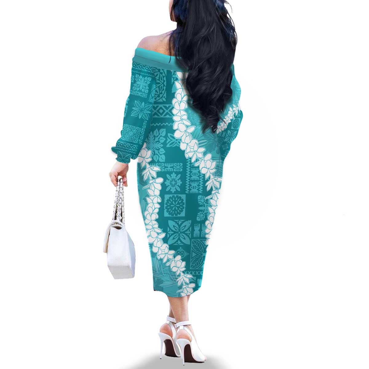 Hawaii Aloha Family Matching Off The Shoulder Long Sleeve Dress and Hawaiian Shirt Teal Quilt Patch Work Mix Plumeria Lei LT7 - Polynesian Pride