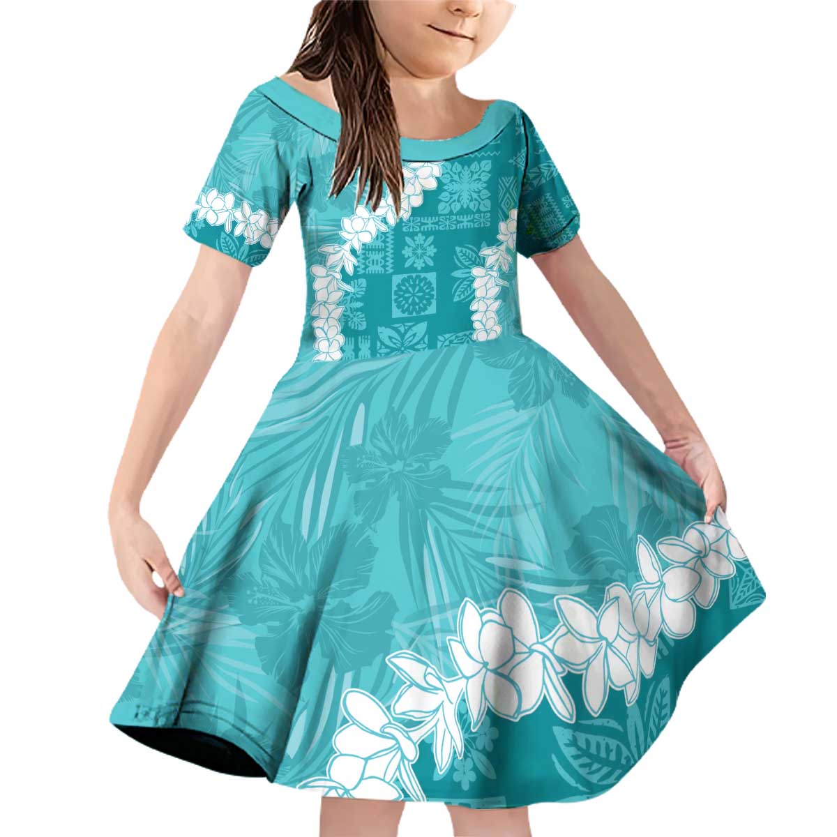 Hawaii Aloha Family Matching Off Shoulder Short Dress and Hawaiian Shirt Teal Quilt Patch Work Mix Plumeria Lei LT7 Daughter's Dress Teal - Polynesian Pride