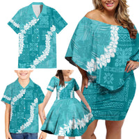 Hawaii Aloha Family Matching Off Shoulder Short Dress and Hawaiian Shirt Teal Quilt Patch Work Mix Plumeria Lei LT7 - Polynesian Pride