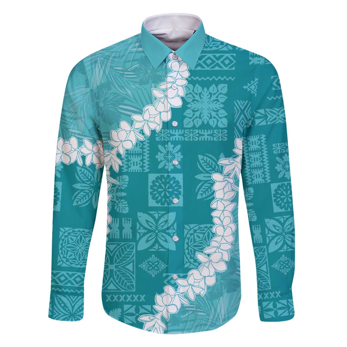 Hawaii Aloha Family Matching Off Shoulder Short Dress and Hawaiian Shirt Teal Quilt Patch Work Mix Plumeria Lei LT7 Dad's Shirt - Long Sleeve Teal - Polynesian Pride