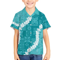 Hawaii Aloha Family Matching Off Shoulder Short Dress and Hawaiian Shirt Teal Quilt Patch Work Mix Plumeria Lei LT7 Son's Shirt Teal - Polynesian Pride