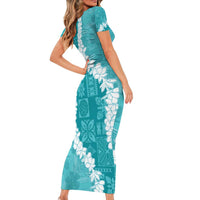 Hawaii Aloha Family Matching Short Sleeve Bodycon Dress and Hawaiian Shirt Teal Quilt Patch Work Mix Plumeria Lei LT7 - Polynesian Pride