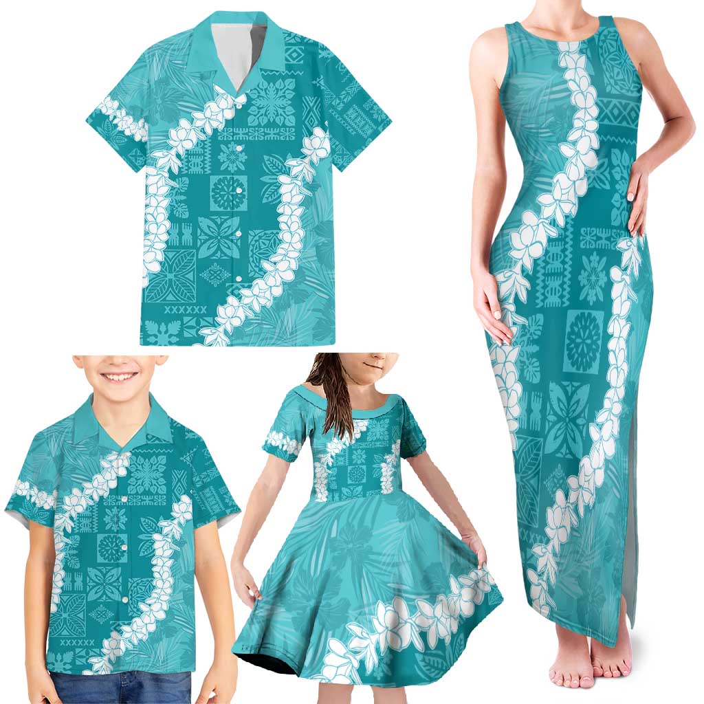 Hawaii Aloha Family Matching Tank Maxi Dress and Hawaiian Shirt Teal Quilt Patch Work Mix Plumeria Lei LT7 - Polynesian Pride